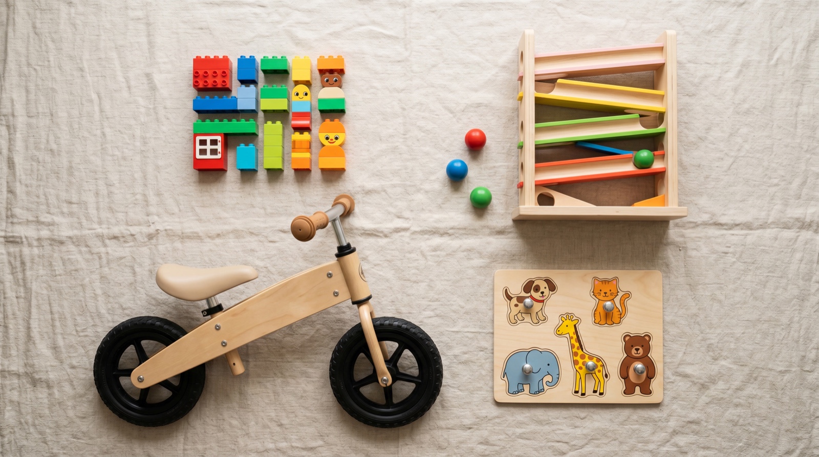 Geschenke zum 2. Geburtstag: LEGO DUPLO, Laufrad, Kugelbahn und Holzpuzzle als Flat Lay