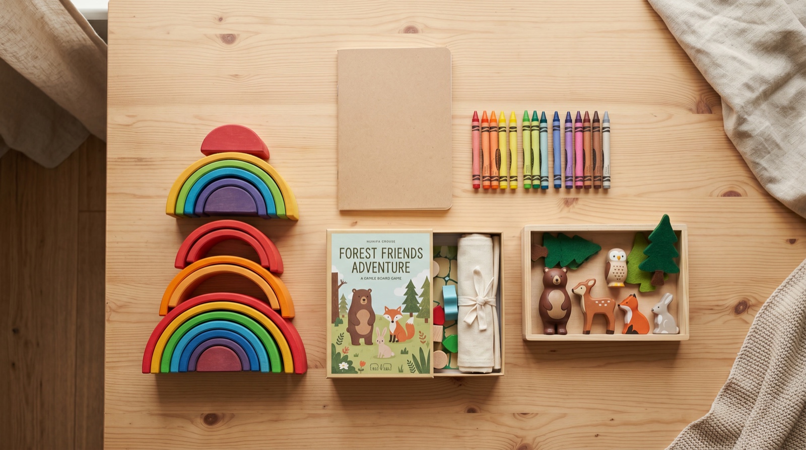 Geschenke zum 3. Geburtstag: Grimm's Regenbogen, Tierfiguren, Stifte und Brettspiel auf Holztisch