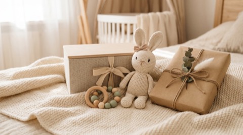 Geschenke zur Geburt mit Greifring, Stofftier und Geschenkbox