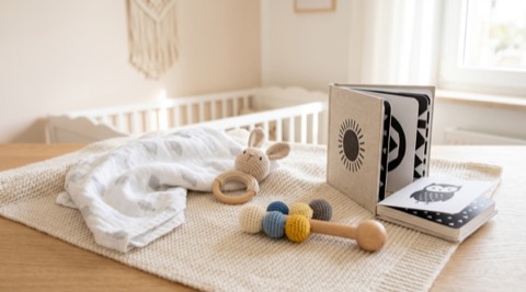 Erste Babyspielzeuge mit Greifling und Kontrastbuch