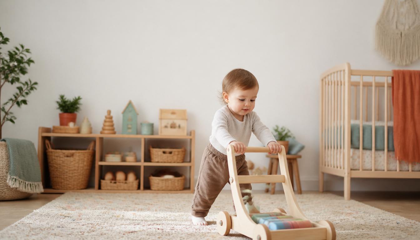 Kleinkind mit überschaubarer Auswahl an Spielzeug im Kinderzimmer