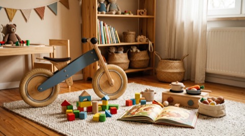 Laufrad, Bausteine und Bilderbuch in einem Kinderzimmer