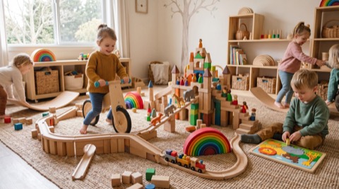 Kinderzimmer mit Bausteinen, Bewegungsspielzeug und Fantasiespiel