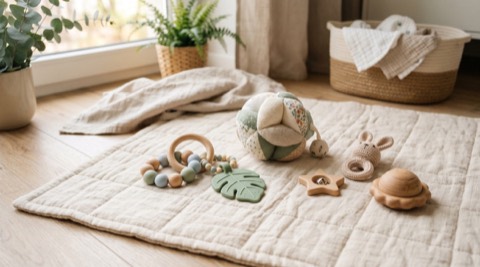 Babyspielzeug auf einer hellen Krabbeldecke