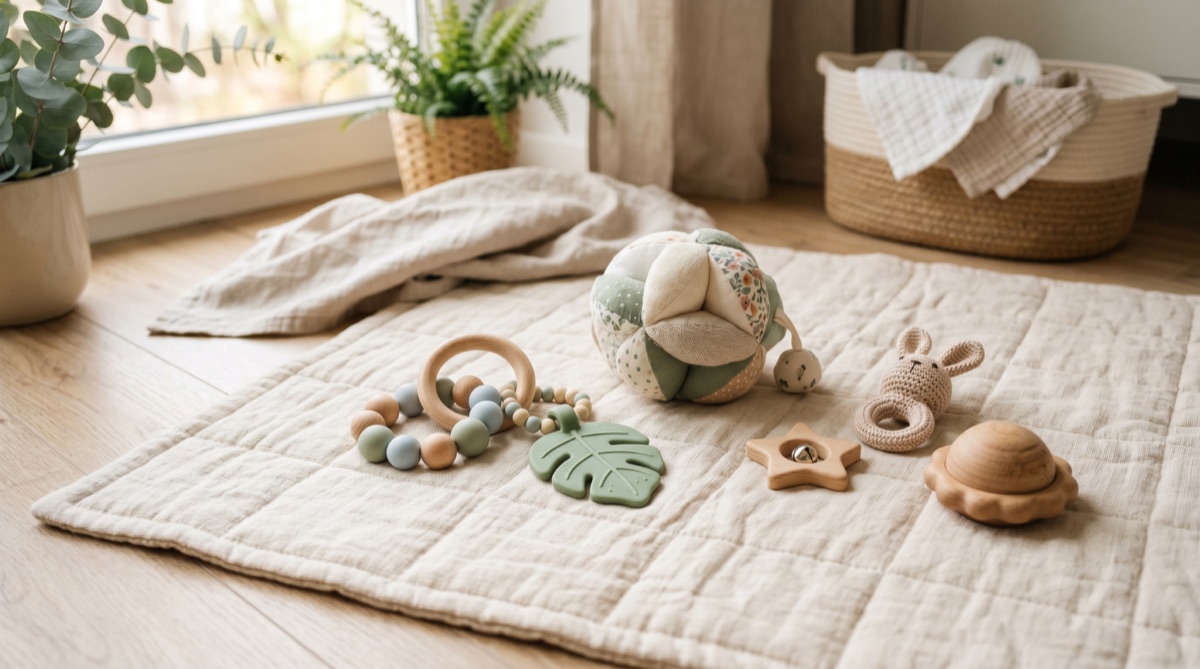 Spielzeug für Babys 6 bis 12 Monate – Greif- und Beißringe, Spielmatte und Stapelbecher