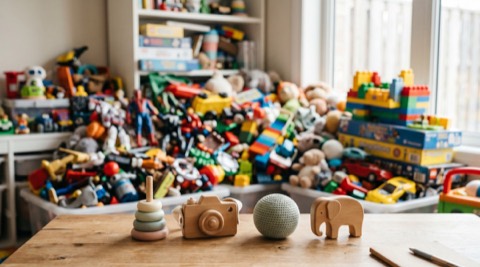 Bewusst ausgewählte Spielsachen vor einem überfüllten Spielzeugregal