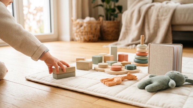 Kleinkind spielt mit Holzspielzeug auf einer hellen Spielmatte
